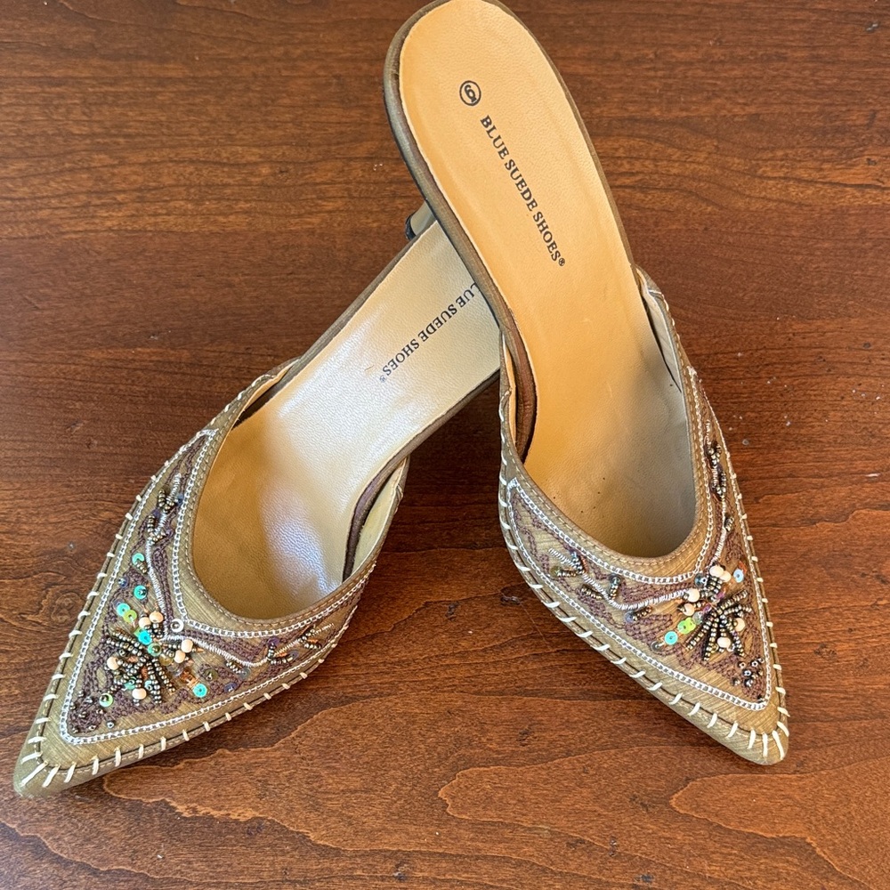 Blue Suede Shoes Beaded Women's Mules - Tan